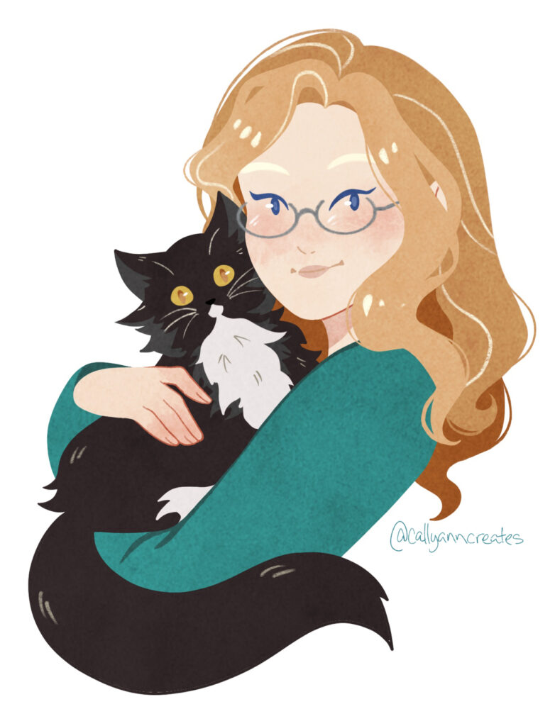Illustrated portrait of CallyAnn and her cat, Lore
